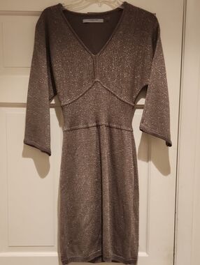 Marc New York Metallic Taupe Knit V-Neck Dress Size M